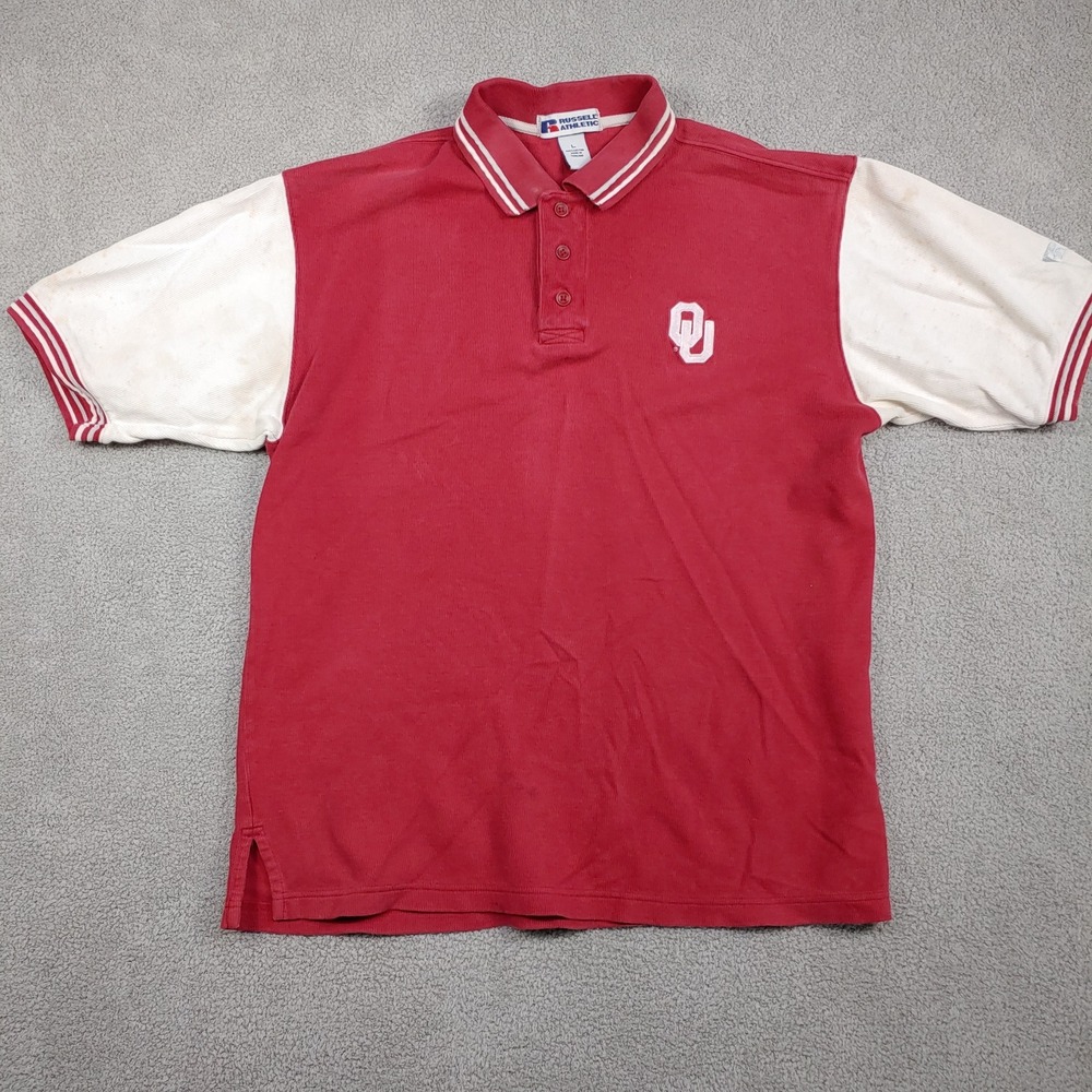 Vintage OU Polo Shirt - Mens L Red White - Russell Oklahoma Sooners - SEE STAINS